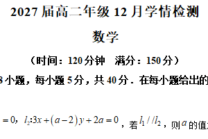 江苏省南京市第九中学2025-2026学年高二上学期12月学情检测数学试题（含解析）