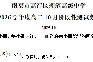 江苏省南京市高淳区湖滨高级中学2025~2026学年高二上学期10月阶段性测试数学试卷（含解析）