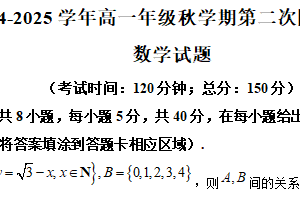 江苏省泰州市第二中学2024-2025学年高一上学期第二次月考数学试卷（含解析）