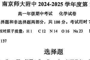 江苏省南京师大附中2024-2025学年高一上学期期中考试化学试卷（无答案）