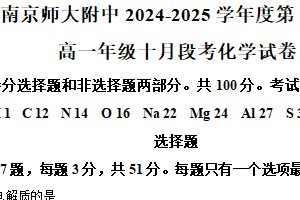 江苏省南京师范大学附属中学2024-2025学年高一上学期期中化学试题（含解析）