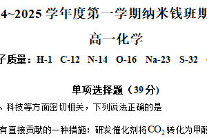 江苏省苏州市西安交通大学苏州附属中学纳米班2024-2025学年高一上学期期中考试化学试题（含解析）
