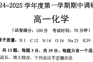江苏省宿迁市泗阳县2024-2025学年高一上学期11月期中考试 化学试题（含答案）