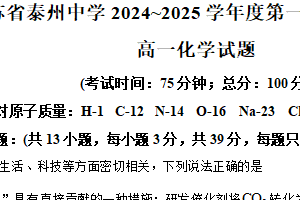 江苏省泰州中学2024-2025学年高一上学期11月期中考试 化学试题（含解析）