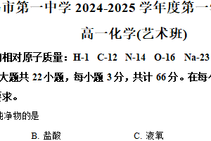 江苏省无锡市第一中学2024-2025学年高一上学期期中考试化学试题（艺术班）（含解析）