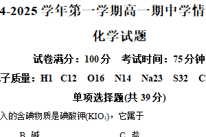 江苏省无锡市江阴一中2024-2025学年上学期高一化学期中试题（含解析）