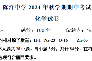 江苏省盐城市射阳县陈洋中学2024-2025学年高一上学期期中考试化学试题（含答案）