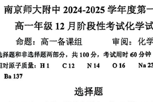 江苏省南京师范大学附属中学2024-2025学年高一上学期12月月考 化学试卷（含答案）