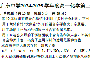江苏省南通市启东中学2024-2025学年高一上学期12月检测 化学试卷（无答案）