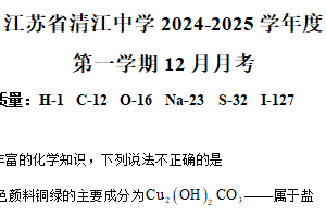 江苏省淮安市清江中学2024-2025学年高一上学期12月月考 化学试题（含解析）