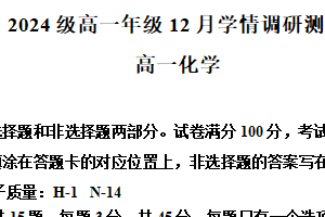 江苏省苏州市工业园区星海实验中学2024-2025学年高一上学期12月月考化学试题（含解析）