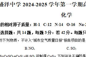 江苏省苏州市吴江区盛泽中学2024-2025学年高一年级第一学期12月月考化学试题（含解析）