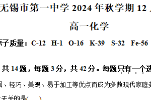 江苏省无锡市第一中学2024-2025学年高一上学期12月阶段测试化学试题（含解析）