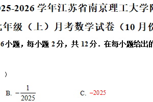 江苏省南京理工大学附属中学（南京市弘光中学）2025-2026学年七年级上学期10月月考数学试卷（含解析）