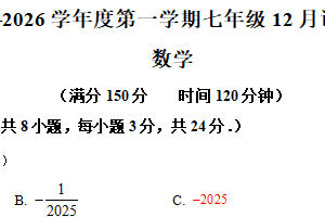 江苏省无锡市宜兴市树人中学2025-2026学年七年级上学期12月月考数学试题（含解析）