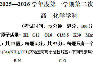 江苏省连云港市东海城北高级中学2025-2026学年高二上学期第二次月考 化学试题（含解析）