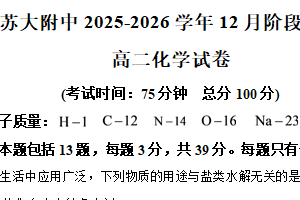 江苏省苏州大学附属中学2025-2026学年高二上学期12月月考化学试卷（含解析）