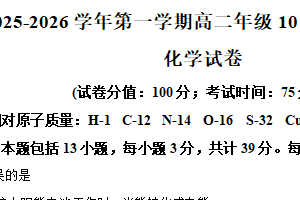 江苏省苏州市新区吴县中学2025-2026学年高二上学期10月月考化学试题（含解析）