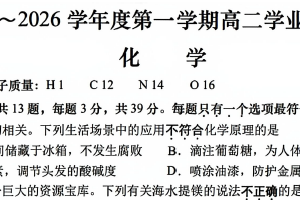 江苏省南通市如东县2025-2026学年度第一学期高二期末学业质量监测 化学试卷（含答案）