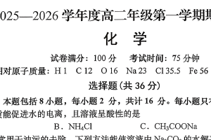 江苏省南通市如皋市2025-2026学年度高二第一学期期末考试化学试卷（含答案）