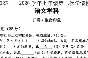 江苏省宿迁市沭阳县2025-2026学年七年级上学期第二次学情检测联考语文试题（无答案）