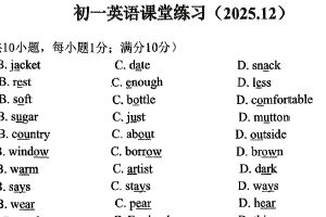 江苏省无锡市江阴市南菁高级中学实验学校2025-2026学年七年级上学期12月月考英语试卷（无答案）