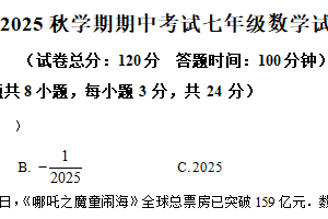江苏省盐城市射阳县2025–2026学年七年级上学期期中数学试卷（含解析）