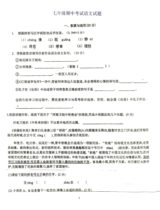 江苏省徐州市沛县五中联盟学区2025-2026学年七年级上学期11月期中语文试题(含答案)