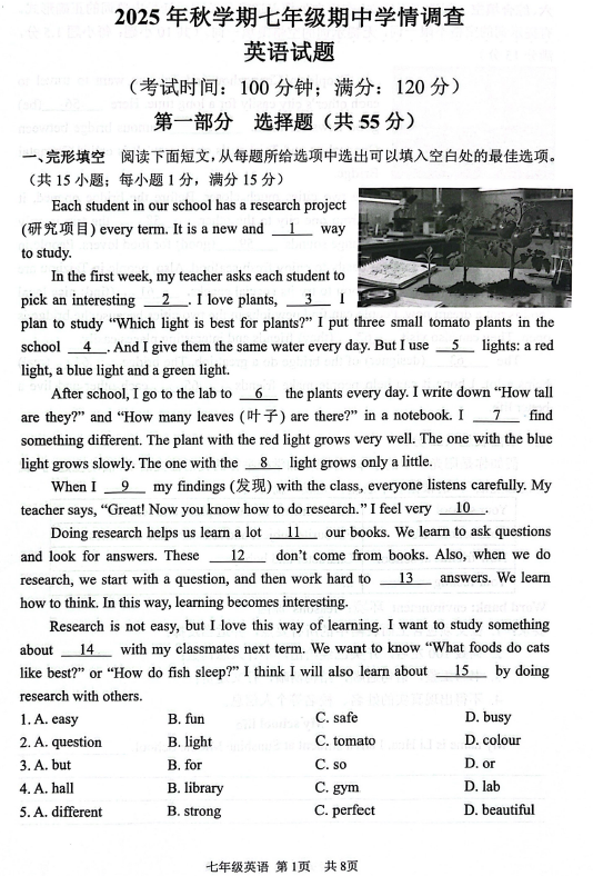 江苏省泰州市泰兴市2025-2026学年七年级上学期11月期中考试英语试卷(含答案)