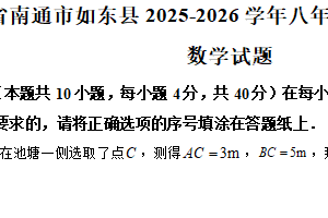 江苏省南通市如东县2025-2026学年八年级上学期11月期中数学试题（含解析）