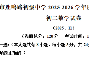 江苏省盐城市鹿鸣路初级中学2025-2026学年八年级上学期11月期中考试数学试卷（含解析）
