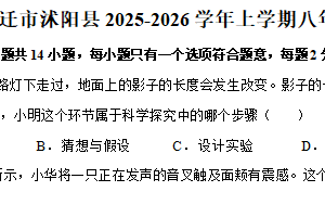 江苏省宿迁市沭阳县2025-2026学年上学期八年级期中物理试卷（含解析）