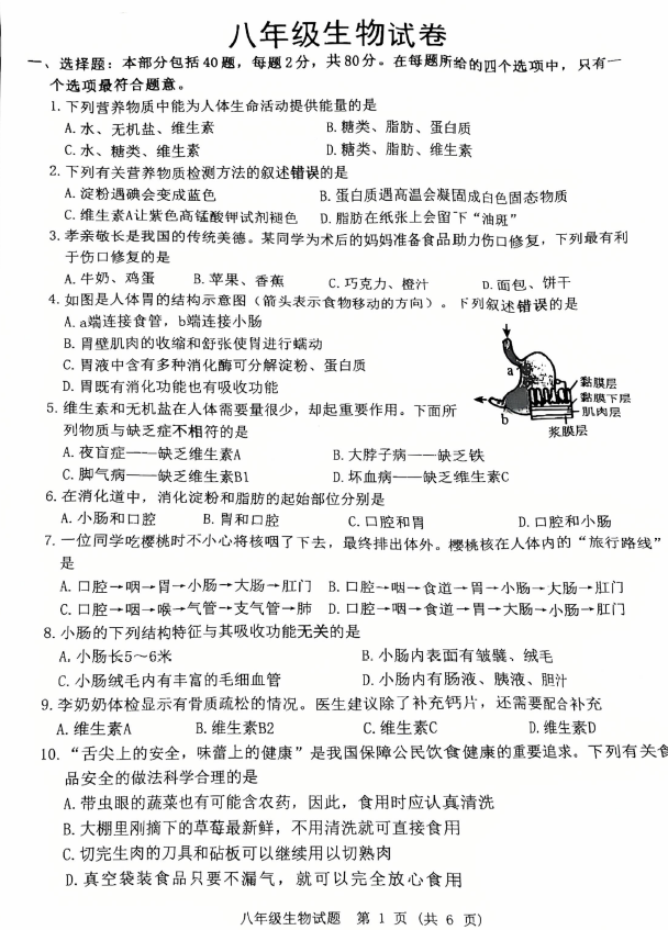 江苏省宿迁市泗洪县2025-2026学年八年级上学期期中生物试卷(含答案)